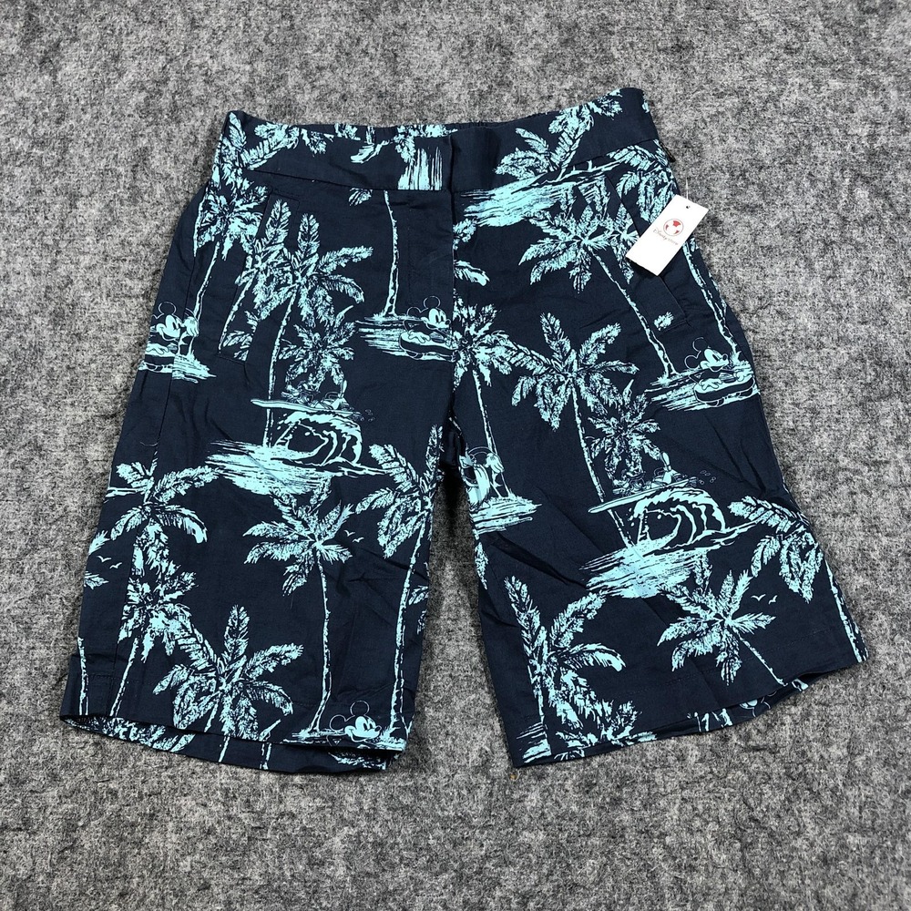 Disney Store Tiki Kingdom Shorts Womens 2 Blue Mickey Minnie Hawaiian Bermuda